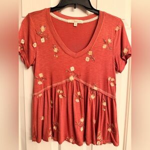 Rewind Women's Short Sleeve Top - Rust with Floral Embroidery
